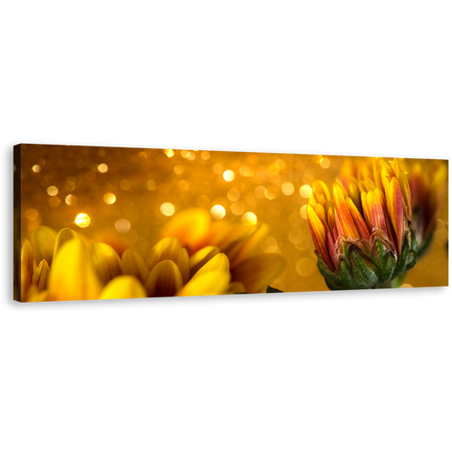 Abstract Flower Canvas Print, Golden Flowers Background Panoramic Canvas Wall Art, Yellow Red Chrysanthemum Flowers Canvas Artwork