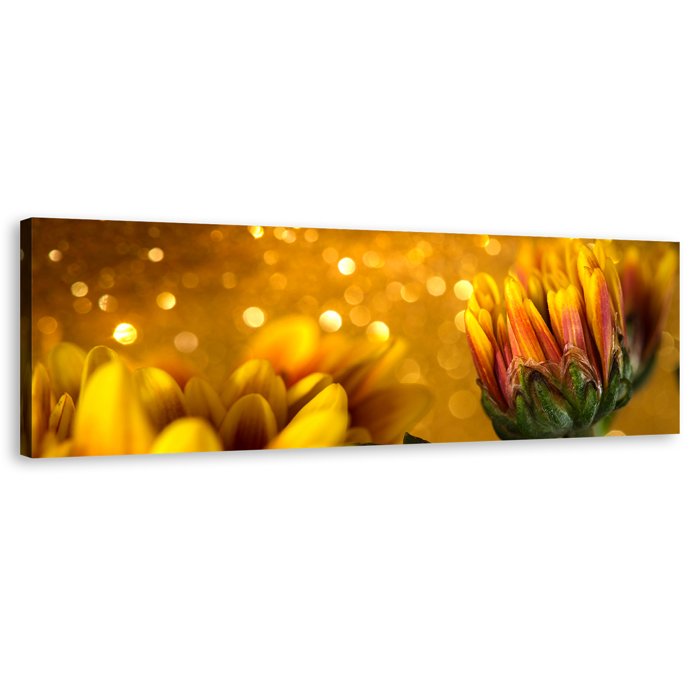 Abstract Flower Canvas Print, Golden Flowers Background Panoramic Canvas Wall Art, Yellow Red Chrysanthemum Flowers Canvas Artwork