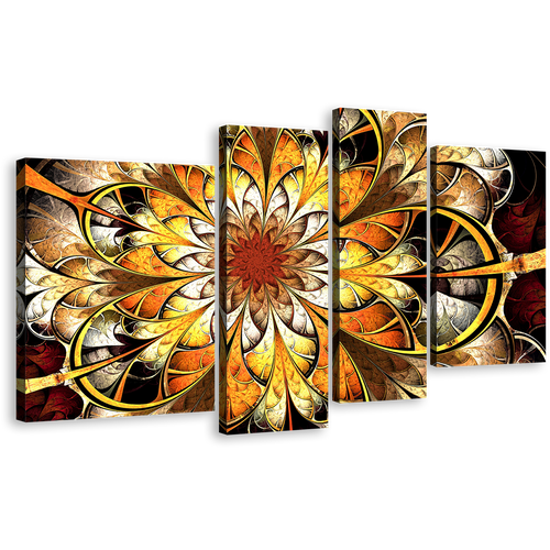 Abstract Flower Canvas Wall Art, Yellow Abstract Blossom Patterns 4 Piece Canvas, Orange Abstract Fractal Artwork Print