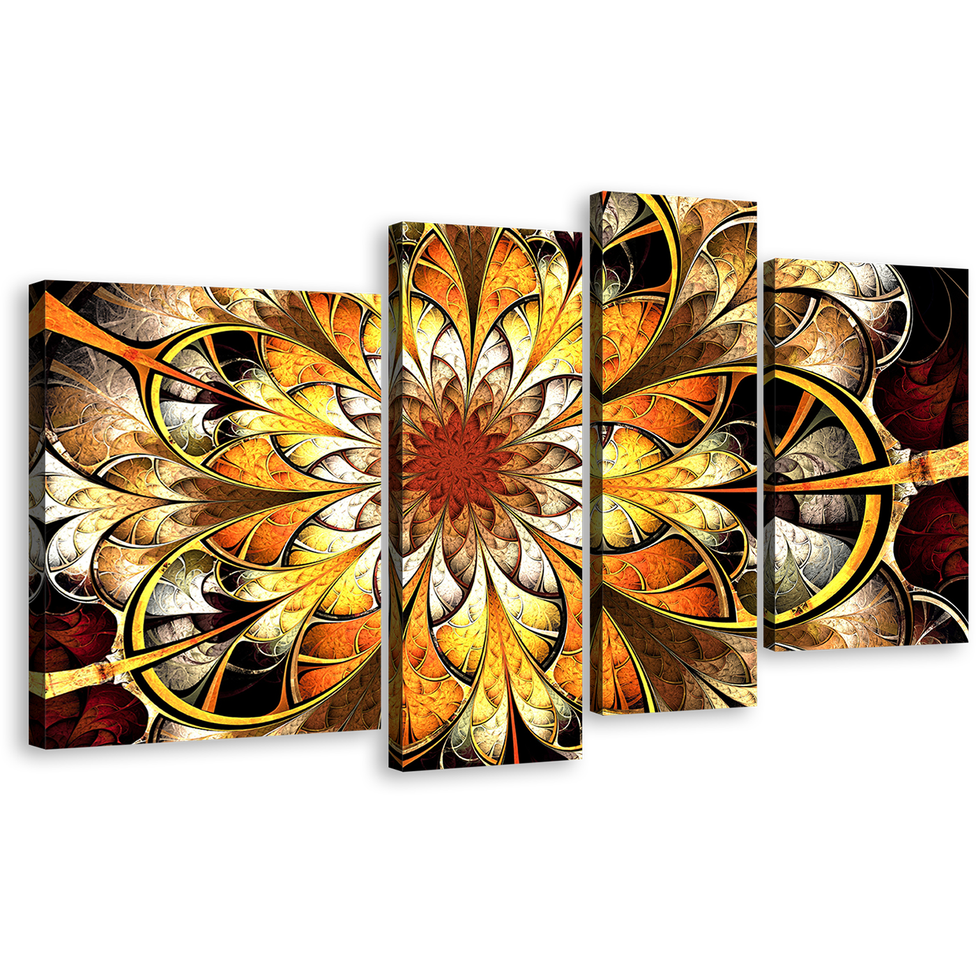 Abstract Flower Canvas Wall Art, Yellow Abstract Blossom Patterns 4 Piece Canvas, Orange Abstract Fractal Artwork Print