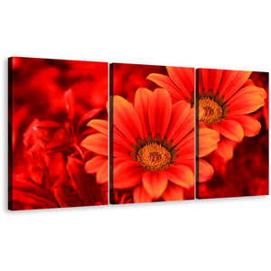 Abstract Flowers Canvas Wall Art, Red Flowers Close Up 3 Piece Multiple Canvas, Beautiful Floral Canvas Print