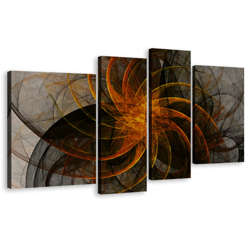 Abstract Fractal Canvas Print, Black Orange Modern Abstract 4 Piece Canvas Wall Art, Grey Abstract Patterns Canvas Set