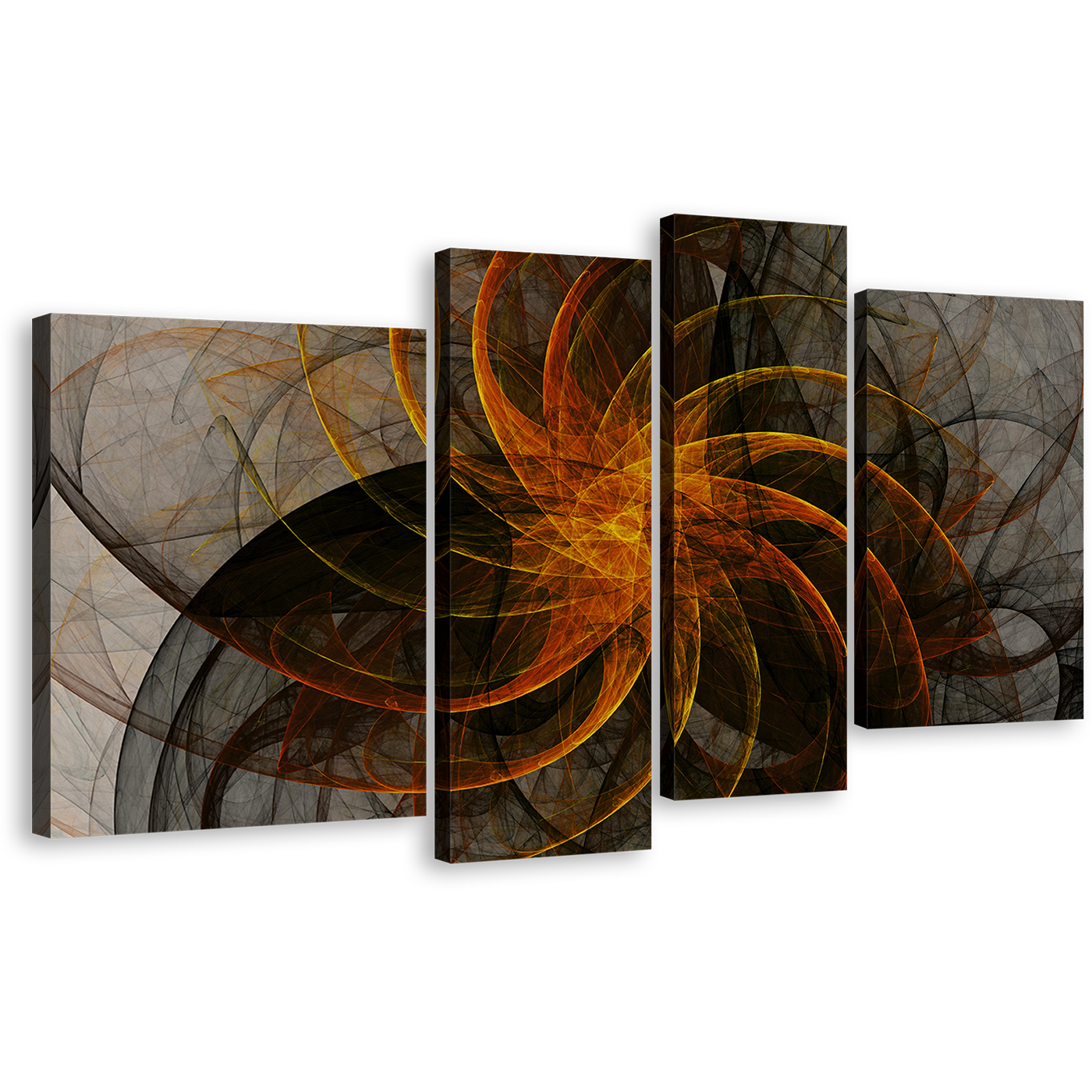 Abstract Fractal Canvas Print, Black Orange Modern Abstract 4 Piece Canvas Wall Art, Grey Abstract Patterns Canvas Set