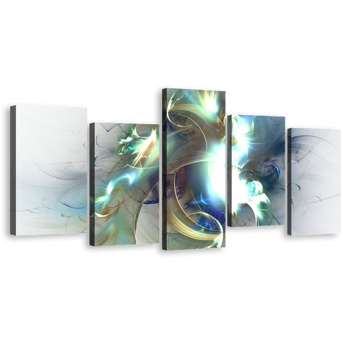 Abstract Fractal Canvas Print, Blue Modern Abstract Canvas Set, Green White Elegant Abstract Fractals 5 Piece Canvas Wall Art