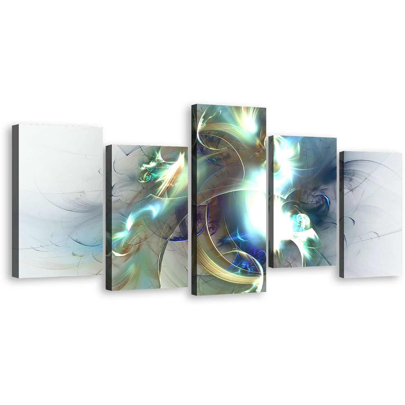 Abstract Fractal Canvas Print, Blue Modern Abstract Canvas Set, Green White Elegant Abstract Fractals 5 Piece Canvas Wall Art