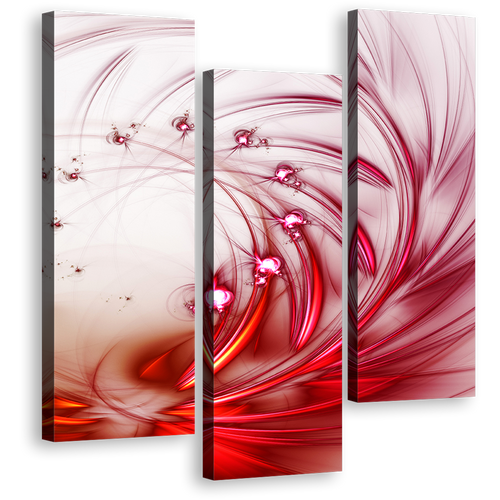 Abstract Fractal Canvas Print, Red Abstract Canvas Set, White Background Modern Abstract 3 Piece Canvas Wall Art