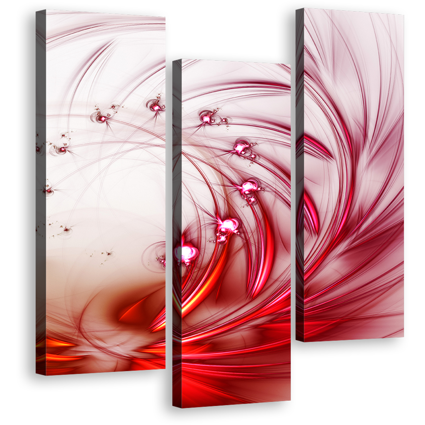 Abstract Fractal Canvas Print, Red Abstract Canvas Set, White Background Modern Abstract 3 Piece Canvas Wall Art