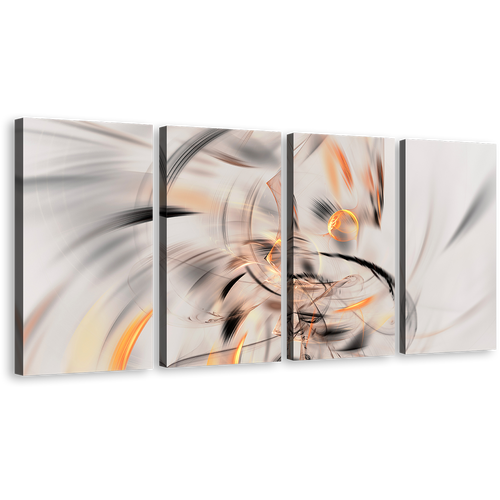 Abstract Fractal Canvas Print, White Artistic Abstract Illustration 4 Piece Canvas Wall Art, Orange Abstract Graphic Element Multi Canvas