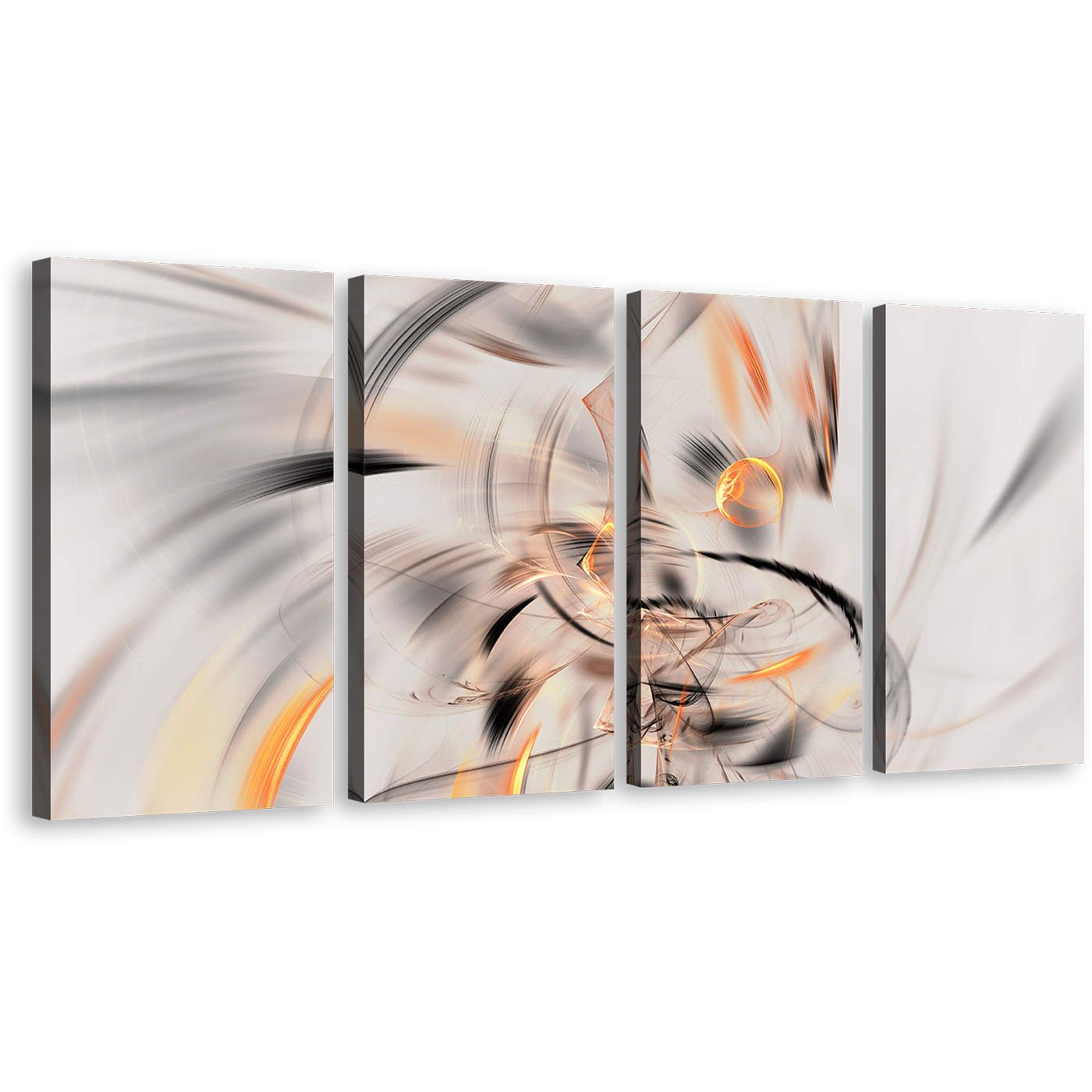 Abstract Fractal Canvas Print, White Artistic Abstract Illustration 4 Piece Canvas Wall Art, Orange Abstract Graphic Element Multi Canvas