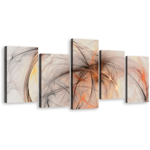 Abstract Fractal Canvas Print, White Elegant Abstract 5 Piece Canvas Wall Art, Orange Modern Abstract Canvas Set