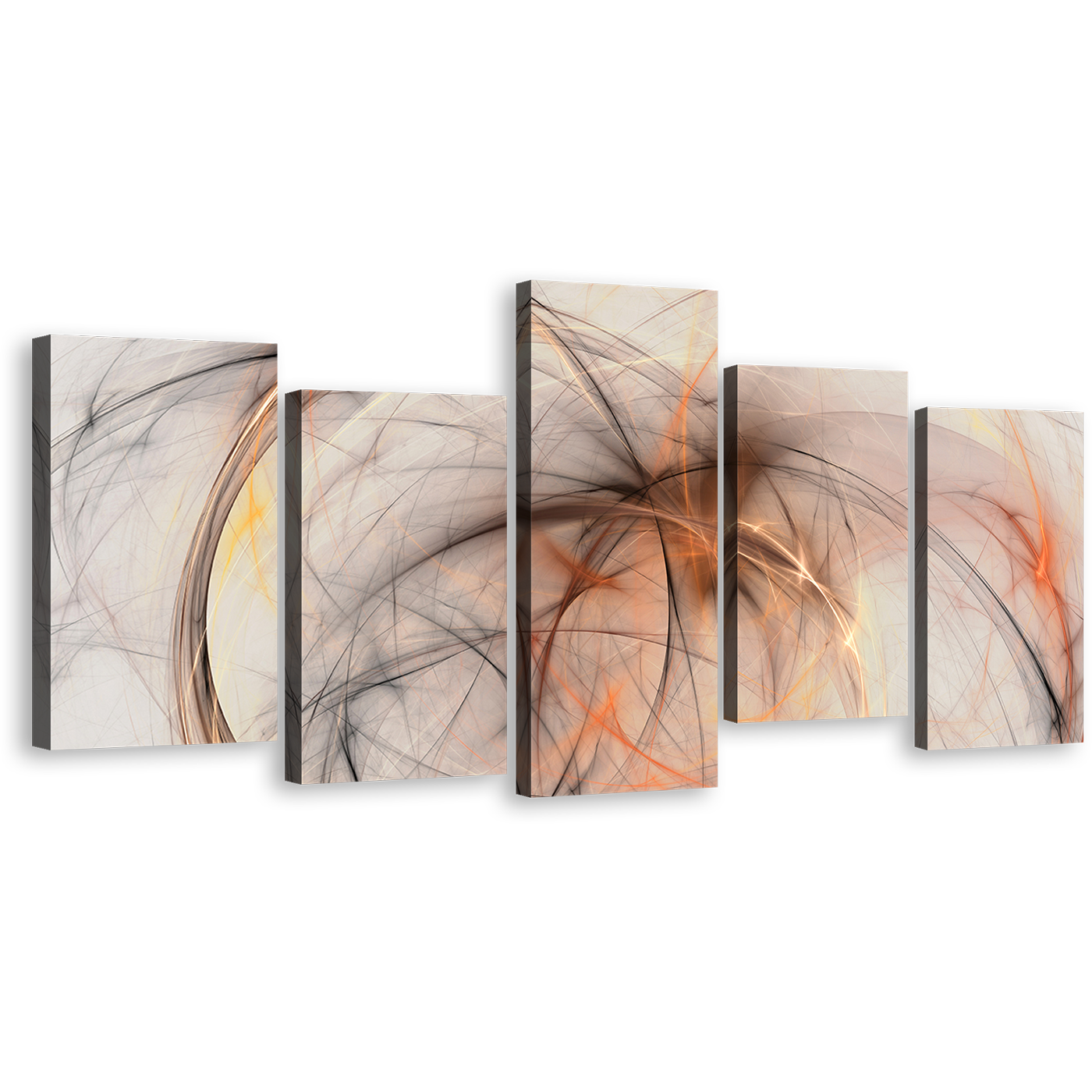 Abstract Fractal Canvas Print, White Elegant Abstract 5 Piece Canvas Wall Art, Orange Modern Abstract Canvas Set