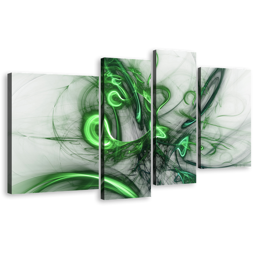 Abstract Fractal Canvas Print, White Green Bright Abstract Patterns 4 Piece Canvas Wall Art, Modern Abstract Canvas Set