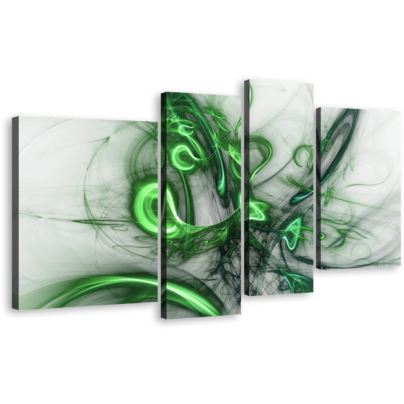 Abstract Fractal Canvas Print, White Green Bright Abstract Patterns 4 Piece Canvas Wall Art, Modern Abstract Canvas Set