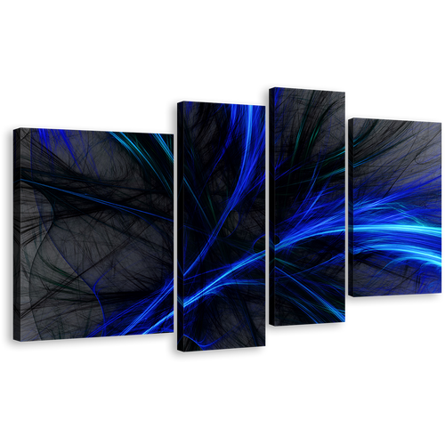 Abstract Fractal Canvas Wall Art, Abstract Digital Artwork Canvas Set, Blue Black 3D Abstract 4 Piece Canvas Print