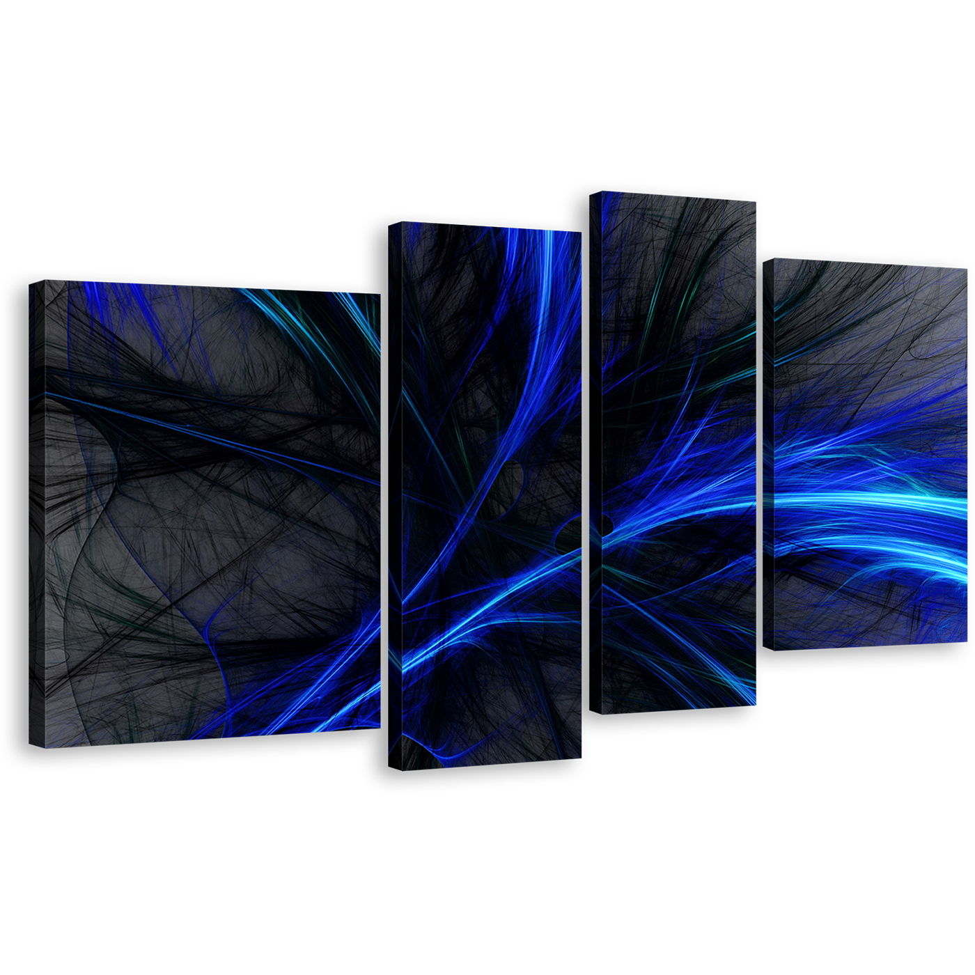 Abstract Fractal Canvas Wall Art, Abstract Digital Artwork Canvas Set, Blue Black 3D Abstract 4 Piece Canvas Print