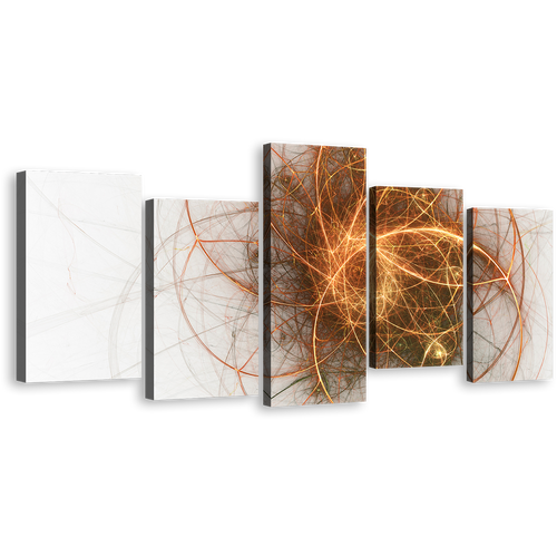 Abstract Fractal Canvas Wall Art, Beautiful Gold Modern Abstract Canvas Print, Contemporary White Yellow Abstract 5 Piece Canvas