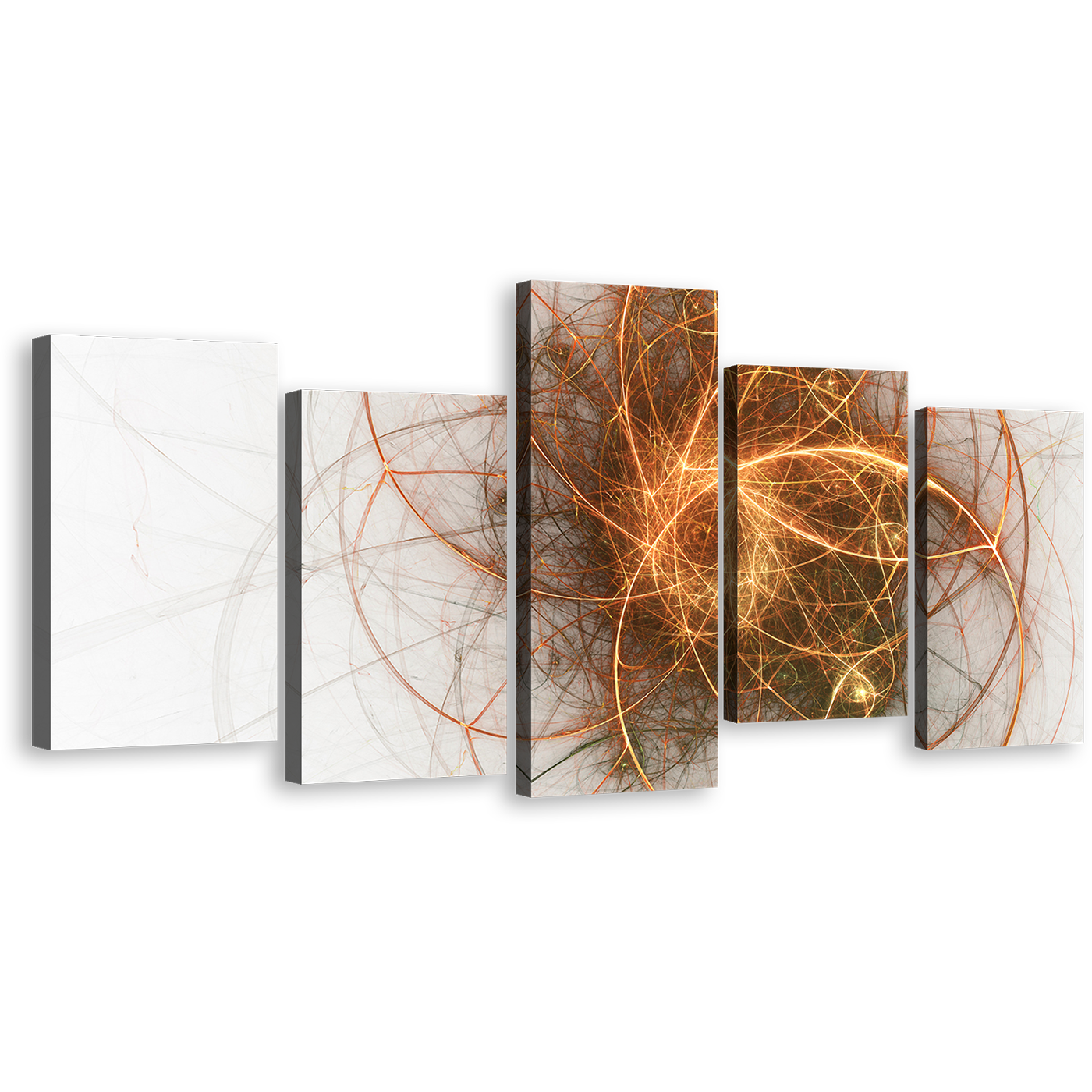 Abstract Fractal Canvas Wall Art, Beautiful Gold Modern Abstract Canvas Print, Contemporary White Yellow Abstract 5 Piece Canvas