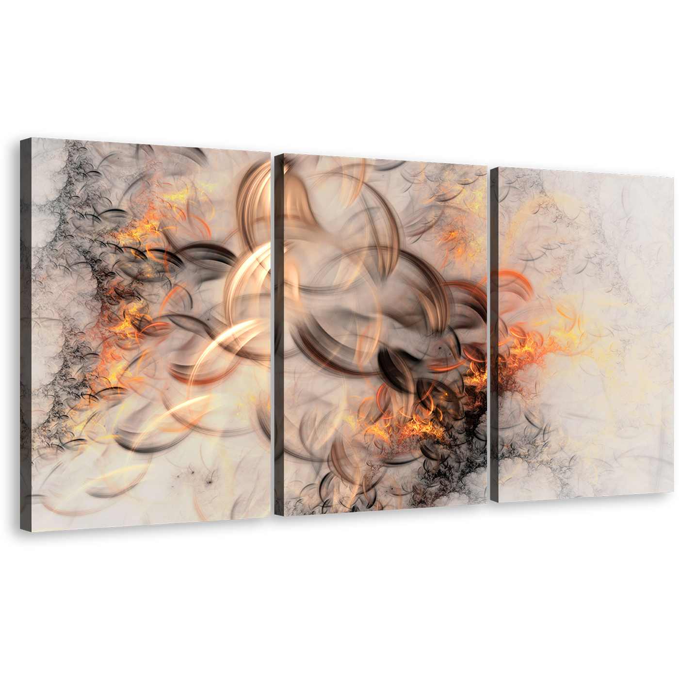 Abstract Fractal Canvas Wall Art, Beautiful Orange Modern Abstract Canvas Print, White Abstract Elegant Illustration 3 Piece Canvas