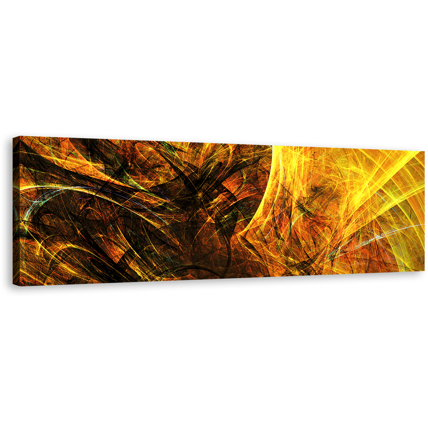 Abstract Fractal Canvas Wall Art, Black Abstract Deep Patterns Canvas Print, Yellow 3D Abstract Digital Graphics Panoramic Canvas Artwork