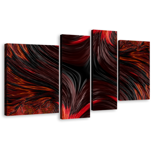 Abstract Fractal Canvas Wall Art, Black Abstract Patterns 4 Piece Canvas Print, Red Abstract Energy Design Multi Canvas Artwork