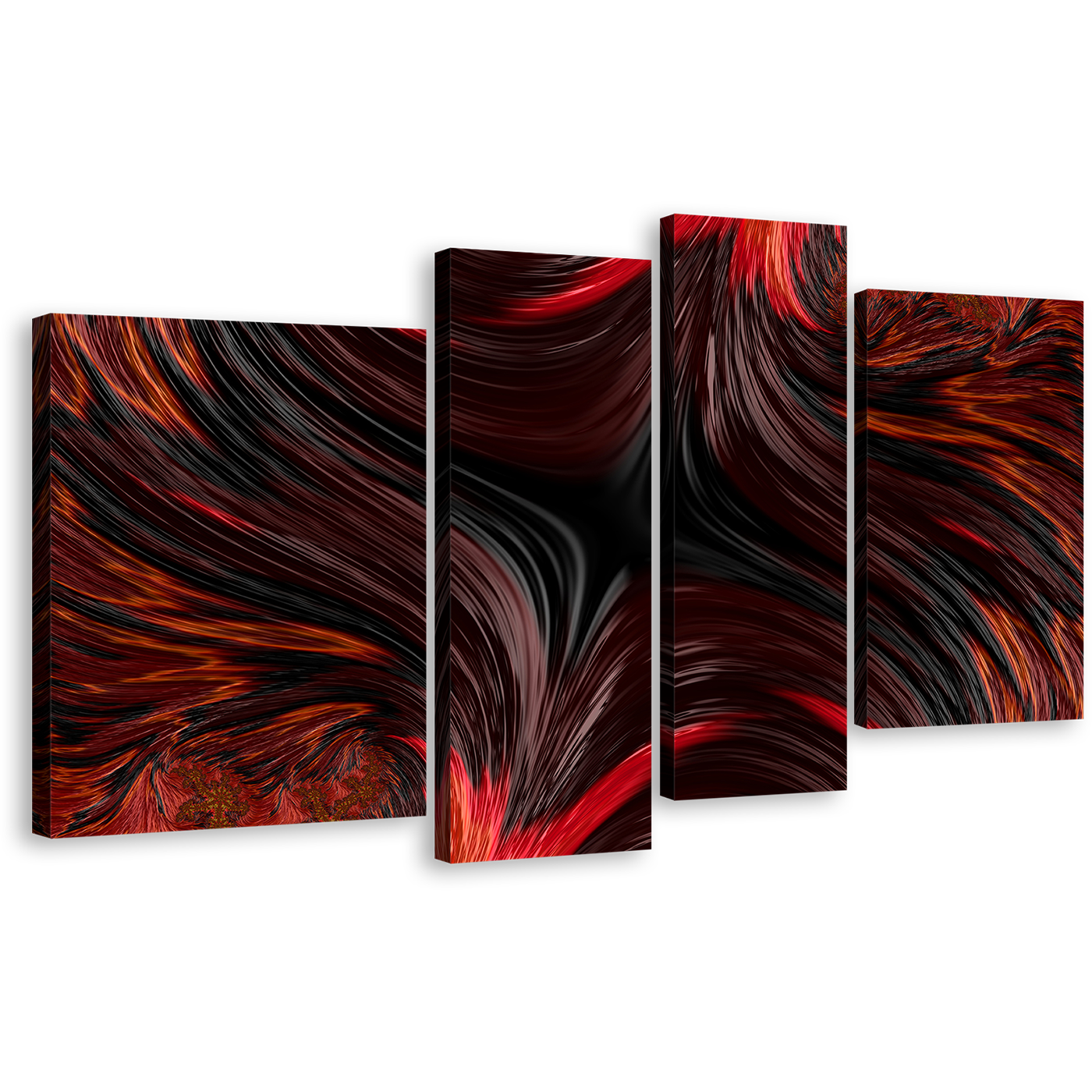 Abstract Fractal Canvas Wall Art, Black Abstract Patterns 4 Piece Canvas Print, Red Abstract Energy Design Multi Canvas Artwork