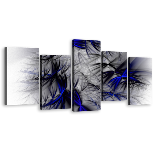 Abstract Fractal Canvas Wall Art, Black Blue Fractal Abstract Design 5 Piece Multiple Canvas, White  Abstract Canvas Print