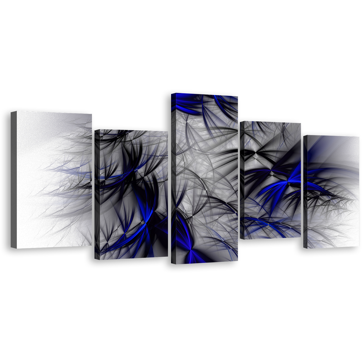 Abstract Fractal Canvas Wall Art, Black Blue Fractal Abstract Design 5 Piece Multiple Canvas, White  Abstract Canvas Print