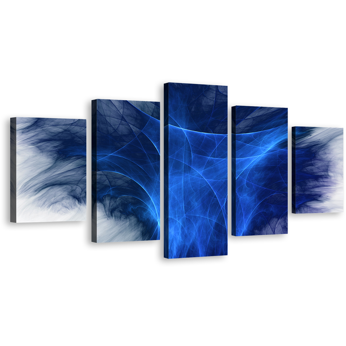 Abstract Fractal Canvas Wall Art, Blue Abstract Digital Artwork Multi Canvas, 3D Bright Abstract Graphics 5 Piece Canvas Print