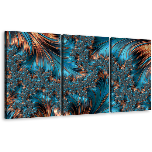 Abstract Fractal Canvas Wall Art, Blue Abstract Fantasy Art Print, Brown Elegant Abstract Fractal 3 Piece Canvas Set