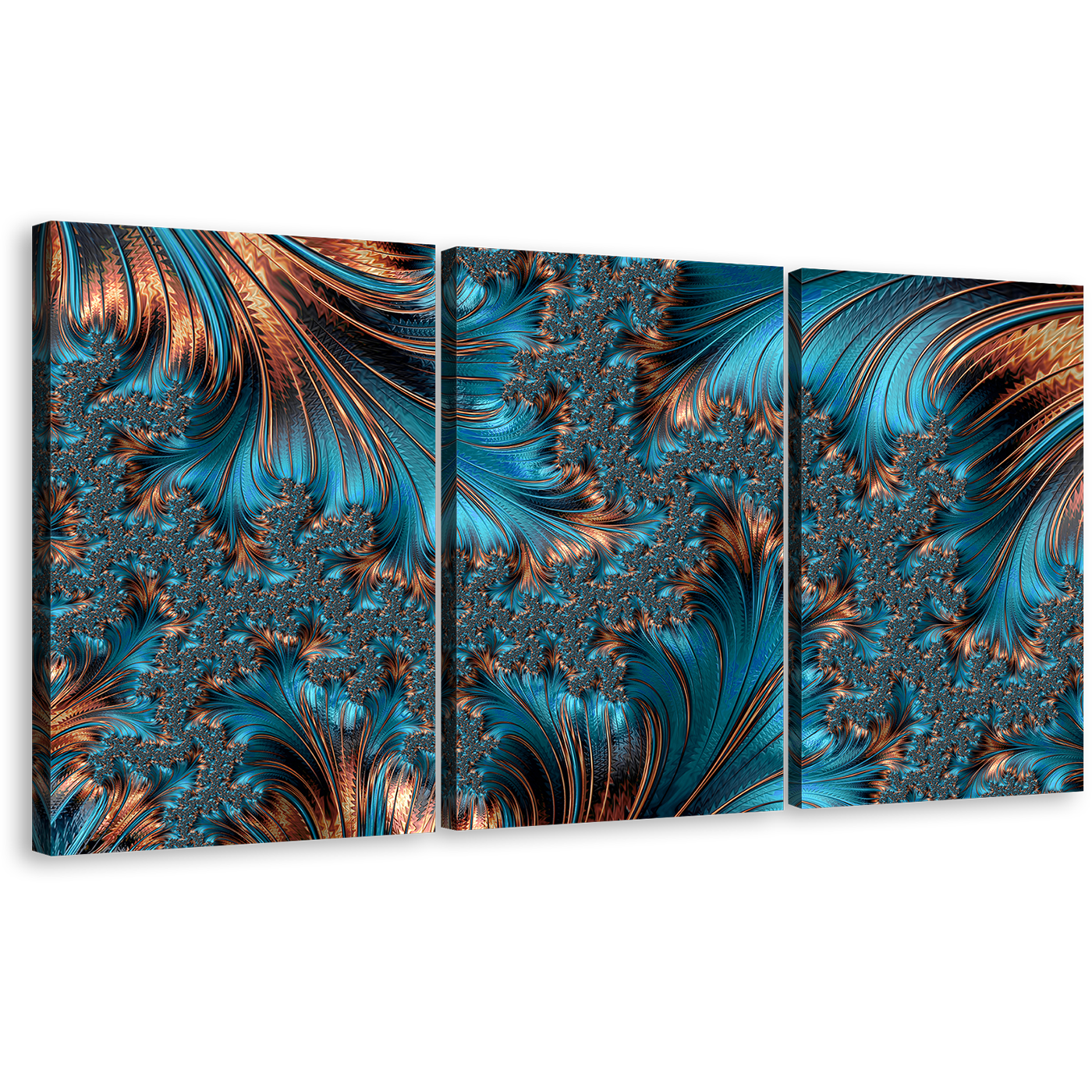 Abstract Fractal Canvas Wall Art, Blue Abstract Fantasy Art Print, Brown Elegant Abstract Fractal 3 Piece Canvas Set