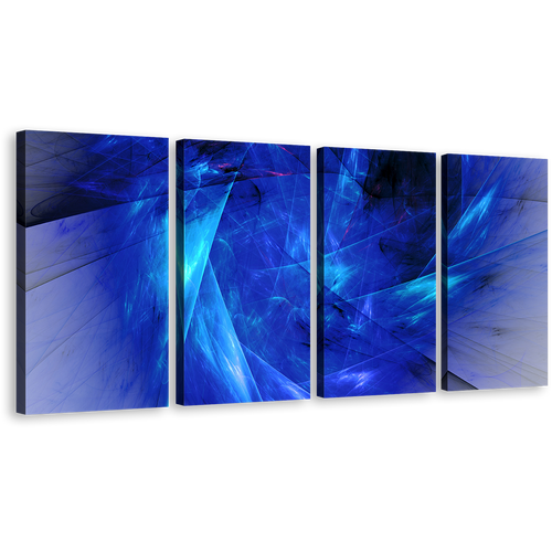 Abstract Fractal Canvas Wall Art, Blue Black Elegant Abstract Fractal 4 Piece Canvas Print, Black Bright Abstract Fractal Multiple Canvas