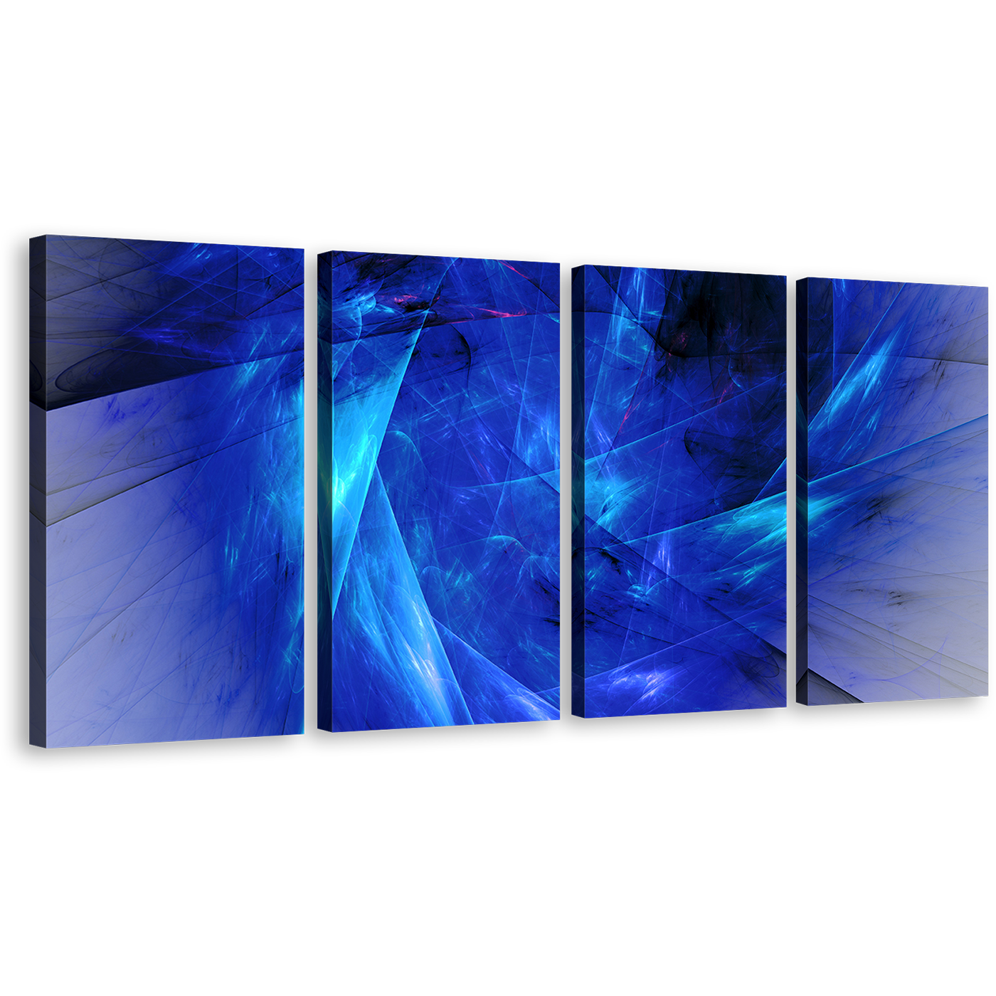 Abstract Fractal Canvas Wall Art, Blue Black Elegant Abstract Fractal 4 Piece Canvas Print, Black Bright Abstract Fractal Multiple Canvas