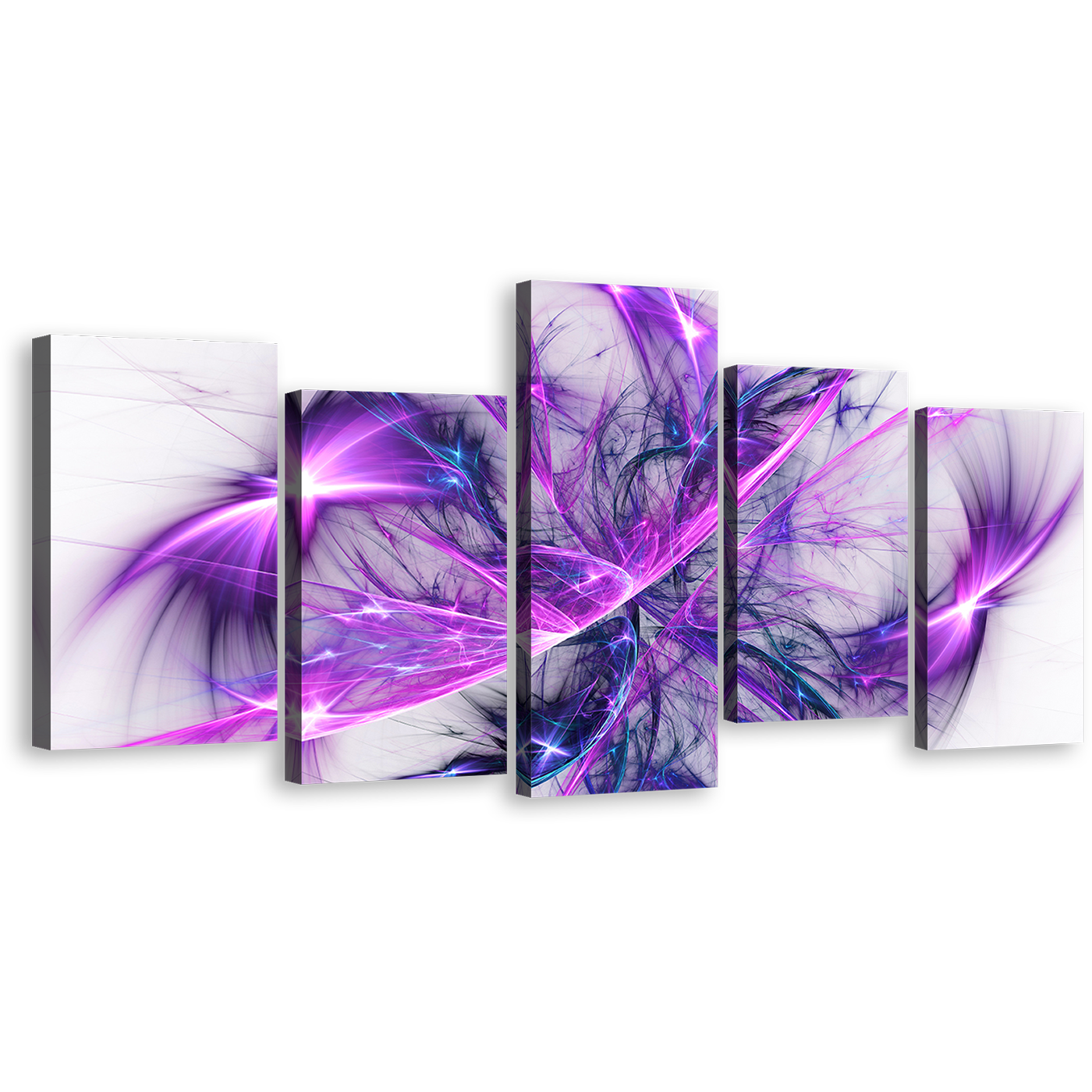 Abstract Fractal Canvas Wall Art, Blue Elegant Abstract Glow 5 Piece Canvas, Purple 3D Modern Abstract  Canvas Print