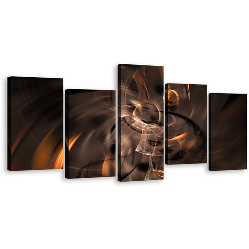 Abstract Fractal Canvas Wall Art, Brown Artistic Abstract Canvas Print, Orange 3D Abstract 5 Piece Multiple Canvas