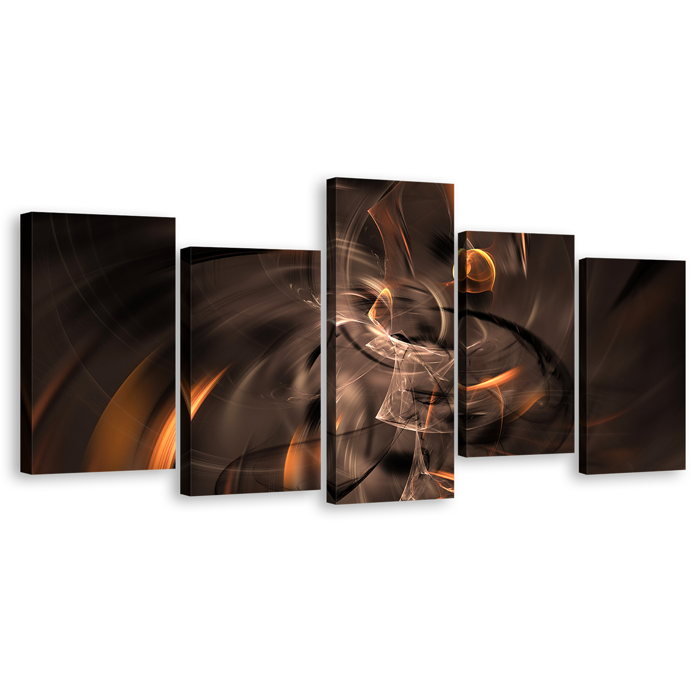 Abstract Fractal Canvas Wall Art, Brown Artistic Abstract Canvas Print, Orange 3D Abstract 5 Piece Multiple Canvas