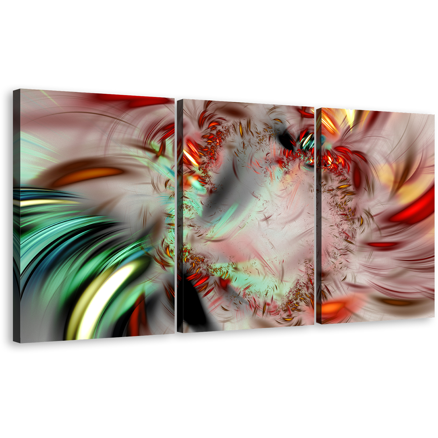 Abstract Fractal Canvas Wall Art, Green Red Abstract Patterns 3 Piece Canvas, Abstract Illustration Multi Canvas, Bright Abstract Artwork Print