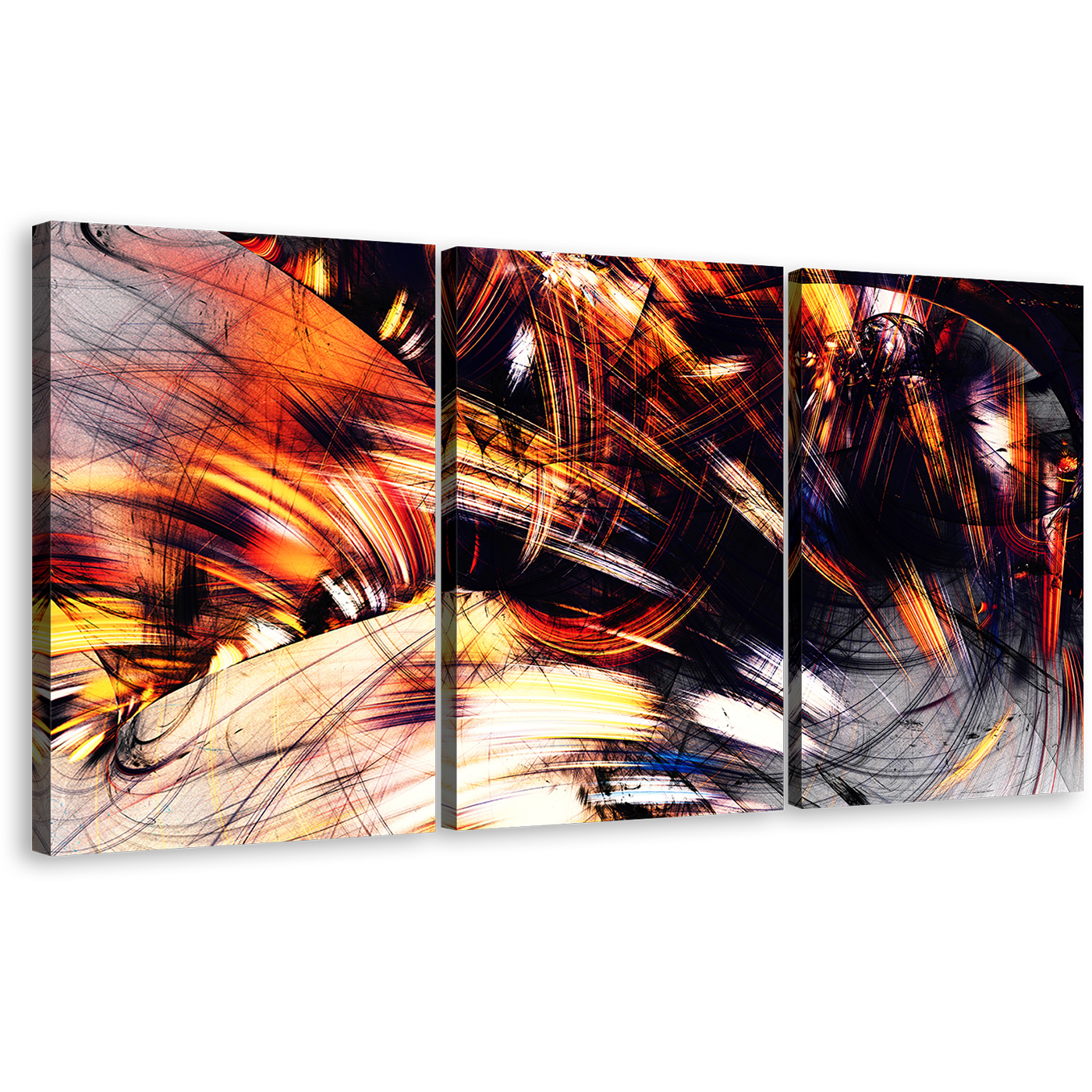 Abstract Fractal Canvas Wall Art, Orange Abstract Rendering 3 Piece Canvas, Black Abstract Digital Painting Canvas Print