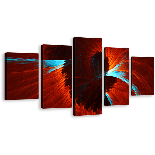 Abstract Fractal Canvas Wall Art, Red Blue Contemporary Abstract 5 Piece Canvas Set, Modern Abstract Canvas Print