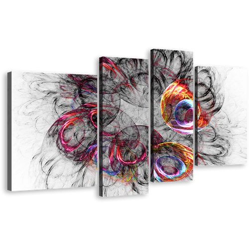 Abstract Fractal Canvas Wall Art, White 3D Abstract Canvas Print, Colorful Bright Abstract 4 Piece Multi Canvas Artwork