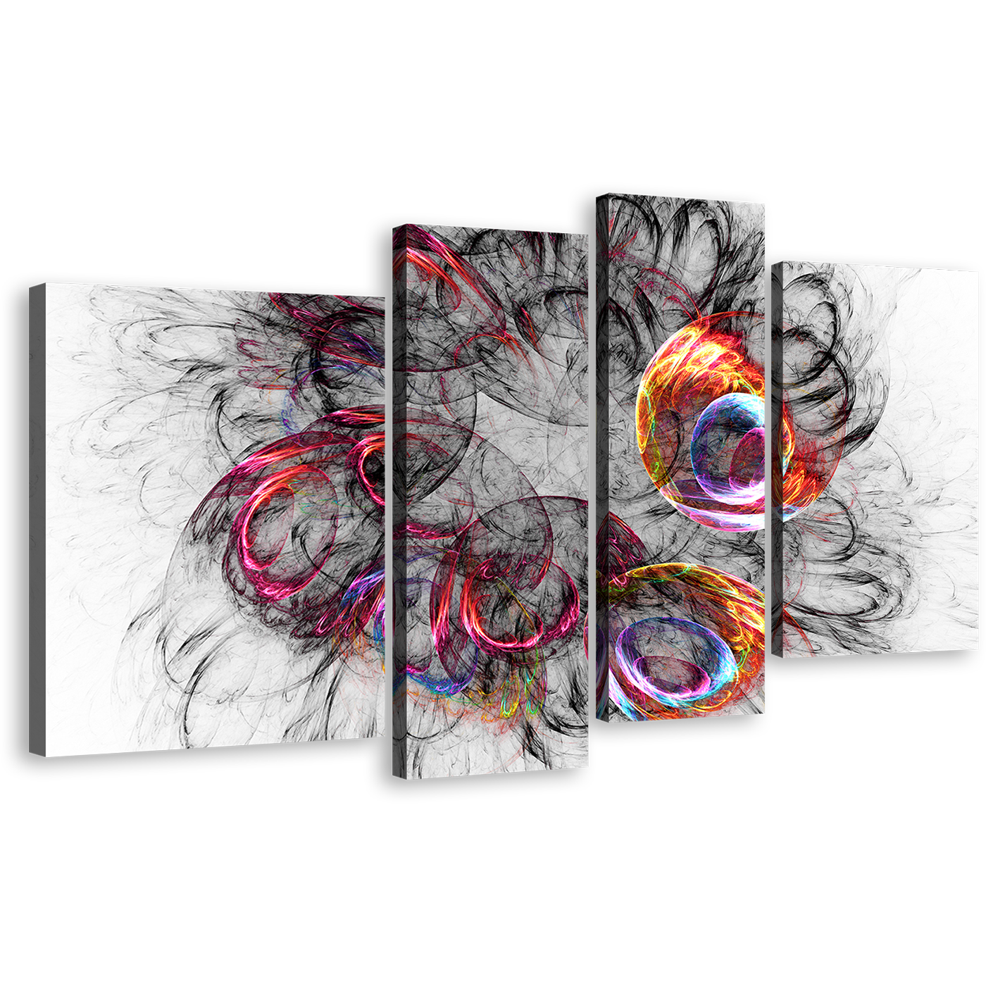 Abstract Fractal Canvas Wall Art, White 3D Abstract Canvas Print, Colorful Bright Abstract 4 Piece Multi Canvas Artwork