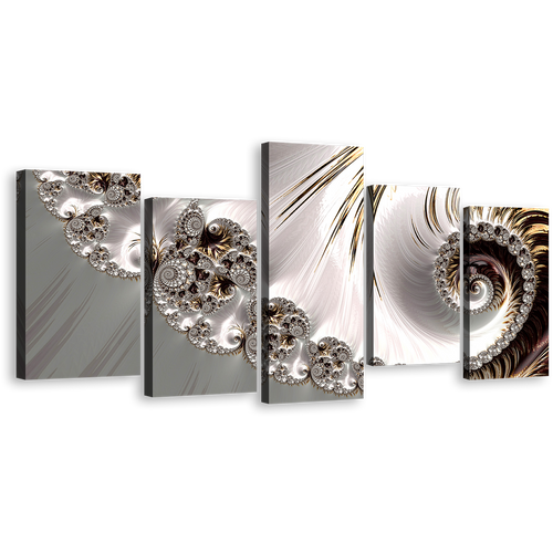 Abstract Fractal Canvas Wall Art, White Abstract Elegant Swirl 5 Piece Canvas Print, Grey Digital Abstract Art  Multiple Canvas