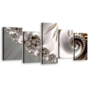 Abstract Fractal Canvas Wall Art, White Abstract Elegant Swirl 5 Piece Canvas Print, Grey Digital Abstract Art  Multiple Canvas
