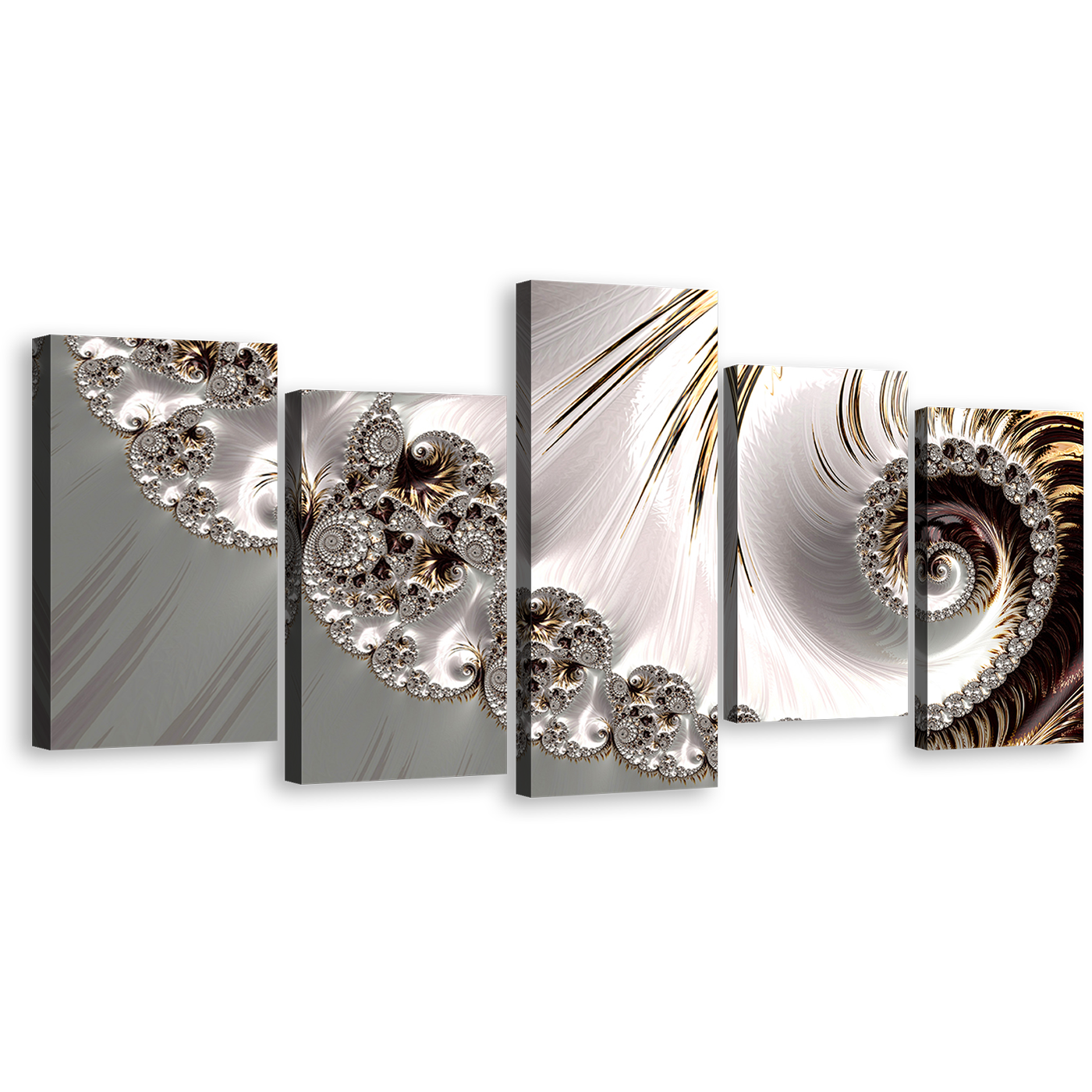 Abstract Fractal Canvas Wall Art, White Abstract Elegant Swirl 5 Piece Canvas Print, Grey Digital Abstract Art  Multiple Canvas