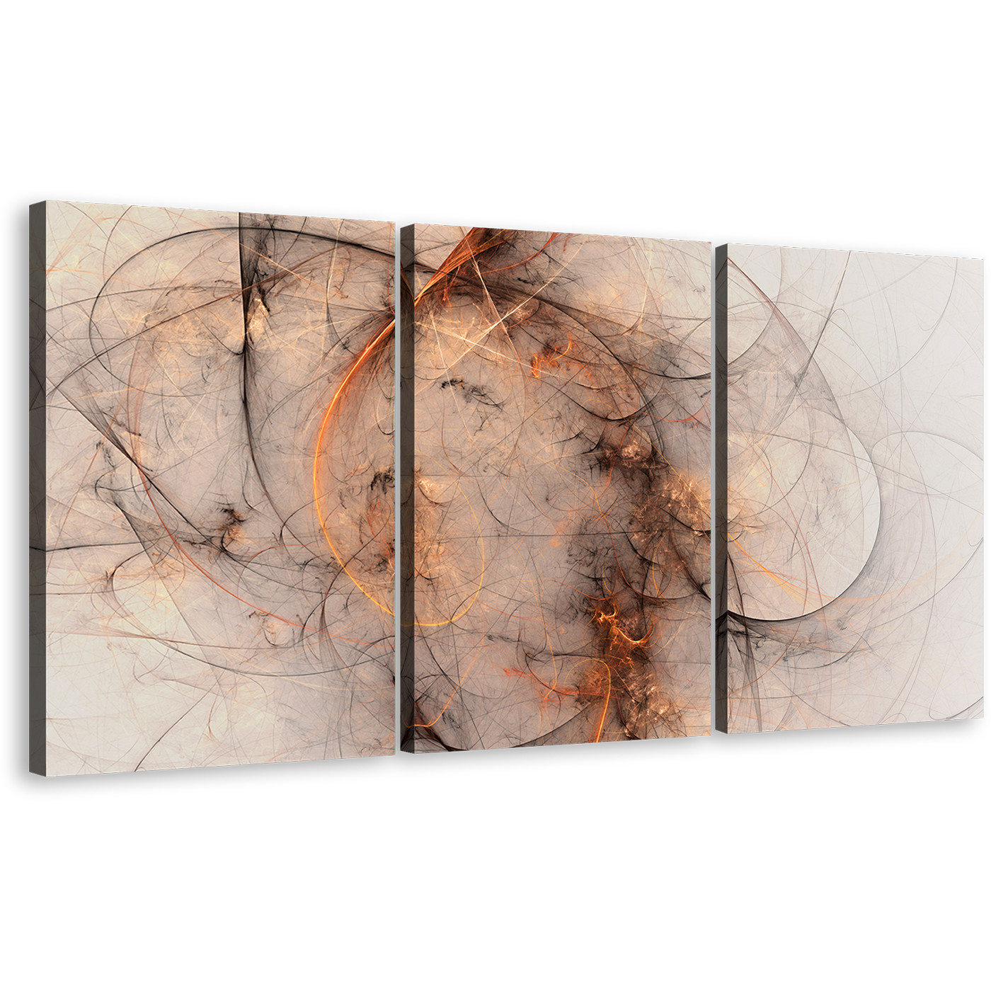 Abstract Fractal Canvas Wall Art, White Fantasy Abstract Canvas Set, Orange 3D Abstract 3 Piece Canvas Print