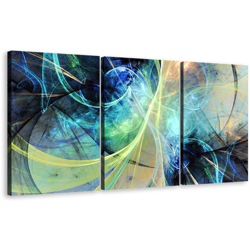 Abstract Fractal Canvas Wall Art, Yellow Blue 3D Abstract Art Print, Abstract Fractal Electricity 3 Piece Canvas Print