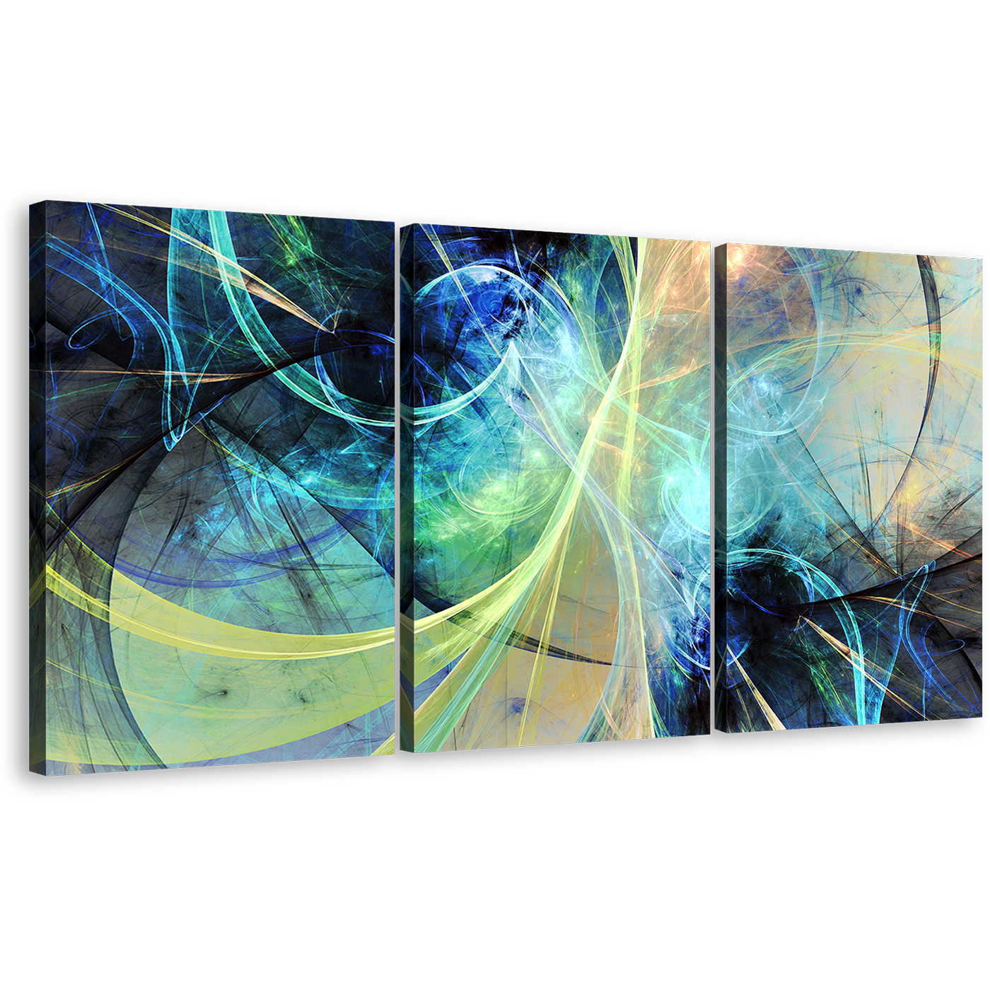 Abstract Fractal Canvas Wall Art, Yellow Blue 3D Abstract Art Print, Abstract Fractal Electricity 3 Piece Canvas Print