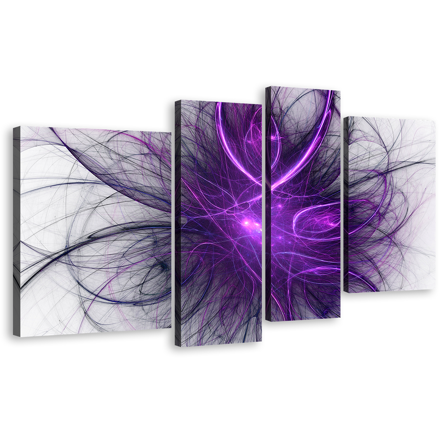 Abstract Graphic Canvas Print, Blue Purple Abstract Fractal Illustration 4 Piece Canvas Wall Art, Modern Abstract Chaos Canvas Set