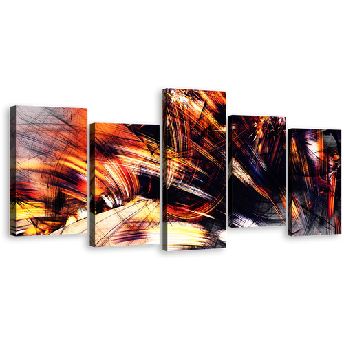 Abstract Graphics Canvas Wall Art, Black Abstract Fractal Canvas Print, Orange Abstract Digital Painting 5 Piece Multi Canvas Artwork