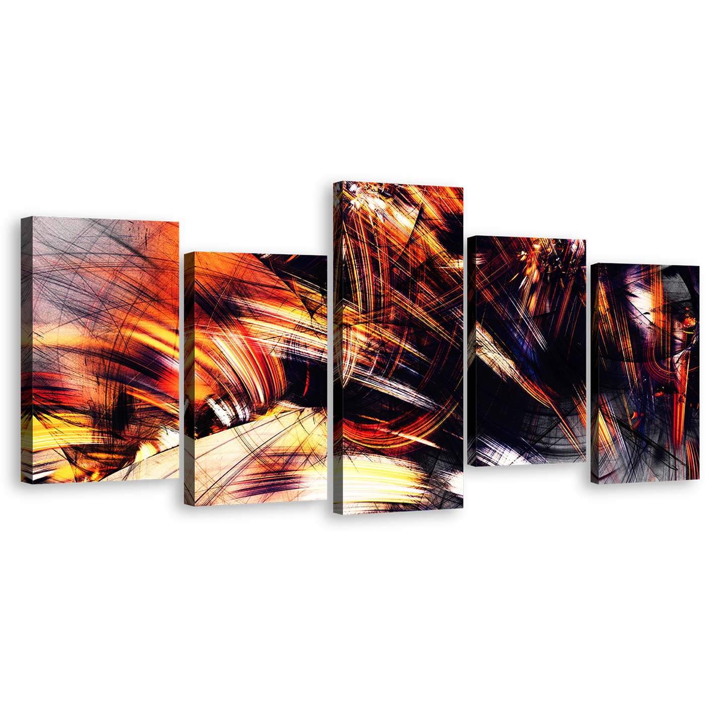 Abstract Graphics Canvas Wall Art, Black Abstract Fractal Canvas Print, Orange Abstract Digital Painting 5 Piece Multi Canvas Artwork