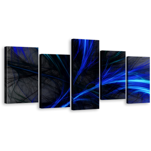 Abstract Graphics Canvas Wall Art, Blue 3D Abstract 5 Piece Multiple Canvas, Black Digital Abstract Fractal Canvas Print